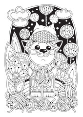 Page for coloring book for adults and children. A beautiful cat in a knitted hat stands in a bed of flowers and balls of thread. Clouds in the sky.