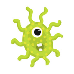 Funny green viris or bacteria.Vector illustration for little children. Illustrations with germs for childrens books. Flat style stickers are hand drawn. Big bright sticker with cute bacterias