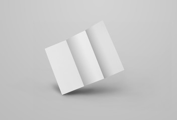 Mockup of a white open standing trifold, isolated on gray background, rear view.