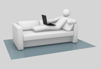 3d illustration. Conditional man in relaxed pose working with laptop at home on the couch. 3D conceptual modeling