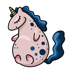 Vector colorful unicorn illustration. Happy unicorn with closed eyes in funny pose. Cute illustration for children's designs. Scandinavian nursery.