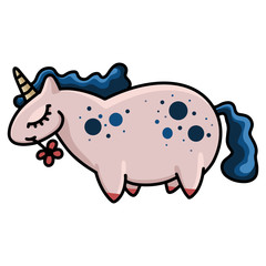 Vector colorful unicorn illustration. Happy unicorn with closed eyes in funny pose. Cute illustration for children's designs. Scandinavian nursery.