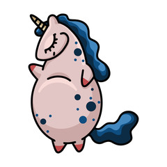 Vector colorful unicorn illustration. Happy unicorn with closed eyes in funny pose. Cute illustration for children's designs. Scandinavian nursery.