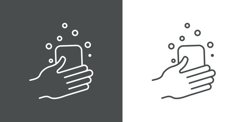 Higiene de manos. Icono plano lineal lavarse las manos en fondo gris y fondo blanco © teracreonte