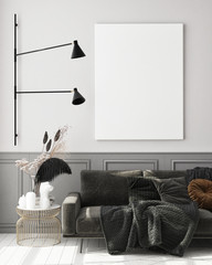 mock up poster frame in modern interior background, living room, Scandinavian style, 3D render, 3D illustration