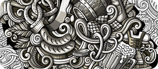 Beer Fest hand drawn doodle banner. Cartoon detailed flyer.