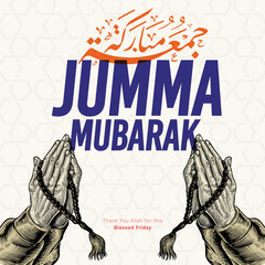 Jumma Mubarak Engraving Hand Praying  Illustration. Arabic Calligraphy translation: blessed friday