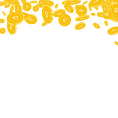 Russian ruble coins falling. Scattered floating RU