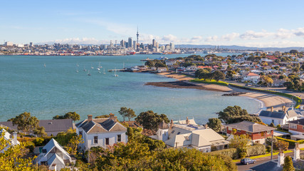 Naklejka na ściany i meble Devonport and Auckland City Skyline