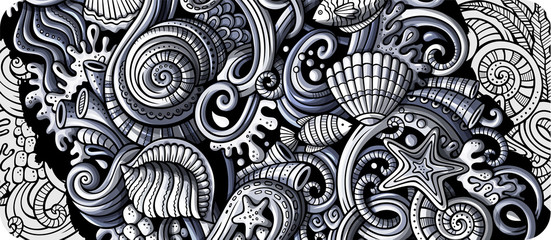Sea life hand drawn doodle banner. Cartoon detailed flyer.