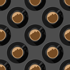 Seamless vector pattern. Coffee with foam in a black cup and with a saucer. Illustration of the top view. Great for original background for the graphic design of posters, postcards, menus, textiles.