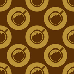 Seamless vector pattern. Coffee with foam in a cup and with a saucer. Illustration of the top view. Great for original background for the graphic design of posters, postcards, menus, textiles, prints.