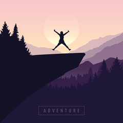 happy jumping girl a cliff adventure in nature with purple mountain view vector illustration EPS10
