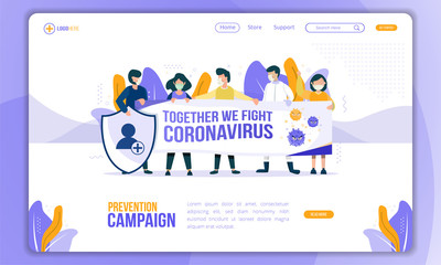 Prevention campaign, Together to fight Coronavirus on landing page template