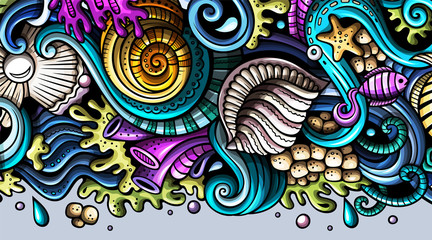Sea life hand drawn doodle banner. Cartoon detailed flyer.