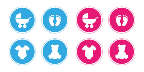 blue and pink set of baby icons feet footprint stroller bear and bodysuit vector illustration EPS10