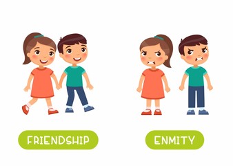 Friendship and enmity antonyms flashcard vector template. Word card for english language learning with flat characters. Opposites concept. Girl and boy quarrel illustration with typography - obrazy, fototapety, plakaty