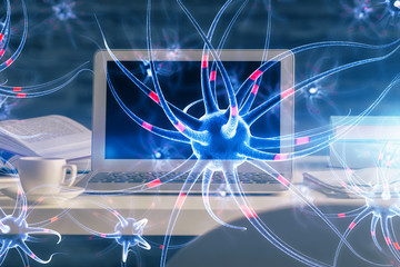 Desktop computer background and neuron drawing. Double exposure. Education concept.