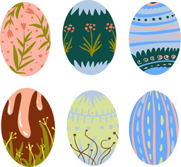 Set of easter eggs with a pattern on an isolated white background. Delicate, cute color palette. Happy easter. Greeting card design element and more. Digital hand drawing illustration. 