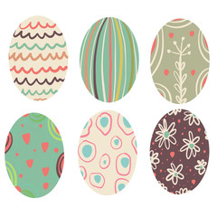 Set of easter eggs with a pattern on an isolated white background. Delicate, cute color palette. Happy easter. Greeting card design element and more. Digital hand drawing illustration. 