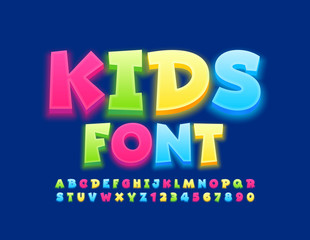 Vector Kids Font. Colorful glowing Font. Bright playful Letters and Numbers