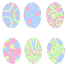 Set of easter eggs with a pattern on an isolated white background. Delicate, cute color palette. Happy easter. Greeting card design element and more. Digital hand drawing illustration. 
