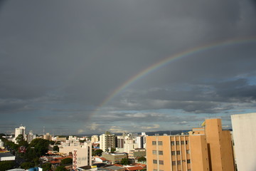 rainbow, sky, rain, city, clouds, nature, storm, landscape, color, building, cloud, building, spectrum, grey, urban, horizon, beautiful, colors