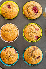 banana and raspberry muffin close up in the kitchen table