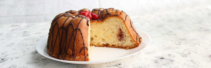 banner. cake with fresh cherry on dark background, top view, copy space