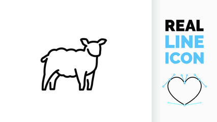 Vector editable line icon of a domestic cattle side view whole body sheep, lamb or goat grazing used for fur, wool and milk as modern clean line art illustration in a black stroke symbol style