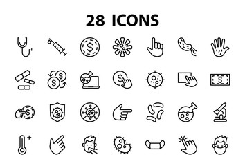 CORONAVIRUS a set of icons on the theme of Coronavirus, contains such icons as nucleation, hand washing, mask, bacteria, sneezing, Editable stroke, on a white background