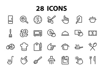 Fototapeta premium Set of cooking and kitchen icons, Vector lines, contains icons such as frying pan, frying, microwave, fork with spoon, Editable stroke, perfect 480x480 pixels, white background.