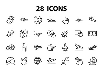  A simple set of airport related vector line icons. Contains badges such as departure, boarding, waiting time, boarding, find a place to travel tickets, and much more. Editable stroke. 48x48 pixels