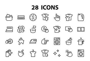  Simple set of washing related vector line Icons. Contains icons such as washing machine, powder, laundry, dirty t-shirt and much more. On a white background, editable stroke. 48x48 pixels perfect