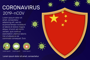 Shield covering and protecting of China. Conceptual banner, poster, advisory steps to follow during the outbreak of Covid-19, coronavirus. Do not panic stop corona virus together