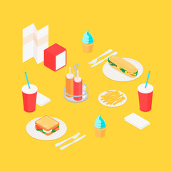 Lunch in a restaurant set. Isometric vector illustration in flat design.