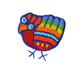 Funny Bird - Beautiful Handmade artistic pin brooch with creative bead embroidery, unique design, trendy summer fashion accessory, cheerful design with summer colors, isolated on white