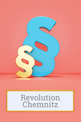 Revolution Chemnitz. Begriff auf Schild. Präsentation von Paragrafen auf Podest in Museum. Symbol für Recht, Gesetz, Urteil. Rosa Hintergrund