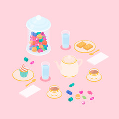 Pink tea and dessert set. Isometric vector illustration in flat design.
