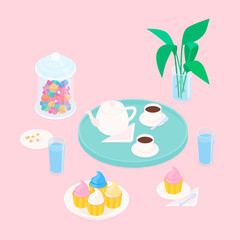 Pink coffee set with cupcakes and candy. Isometric vector illustration in flat design.