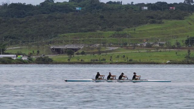 A rowing team sails on the lake.