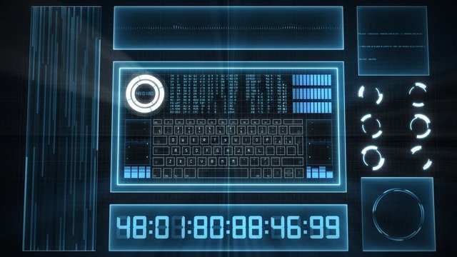 3D HUD display with the camera slowly panning directly over the HUD, showing a digital keyboard, matrix random text, digits, rotating circle bars, equalizer elements all in 3D volumetric lighting.