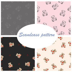 Different set colors seamless pattern vector illustration of hand drawn bear with heart. Doodle drawing, beautiful animal design elements. Funny illustration for kids, Valentine's Day