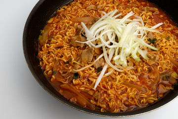 Boiled meat ramen on white background