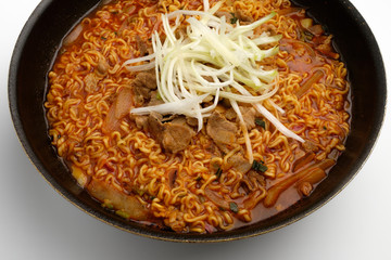 Boiled meat ramen on white background