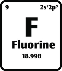 Fluorine (F) button on black and white background on the periodic table of elements with atomic number or a chemistry science concept or experiment.	