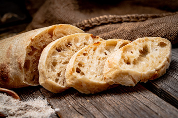 Ciabatta Bread on the wood tabled. Healthy food