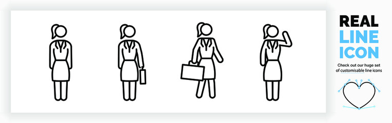 Editable real line icon set of the whole body of a stick figure business woman in a corporate suit and skirt standing and walking with a suitcase and waving in black modern and clean lines