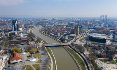 Fototapeta na wymiar Skopje, Republic of North Macedonia. Aerial streets of the town
