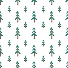 Spruce forest. Seamless pattern on a white background. Green trees drawn in watercolors. Minimalistic, stylish design. Nature, ecology. Print for fabric, paper, packaging © Анна Сухова
